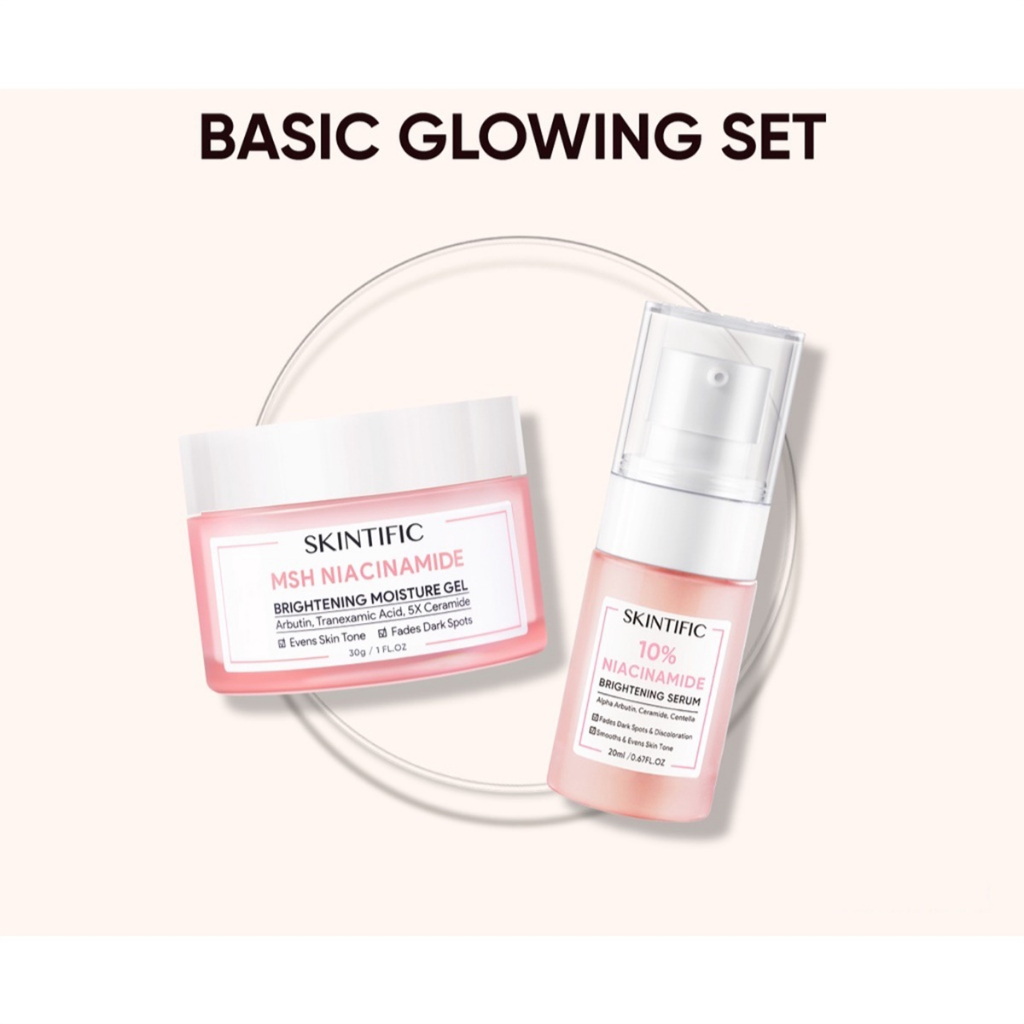 SKINTIFIC Glowing Set - 10% Niacinamide Brightening Serum 20ml + MSH Niacinamide Brightening Moisture Gel 30g Krim Pemutih Pelembab