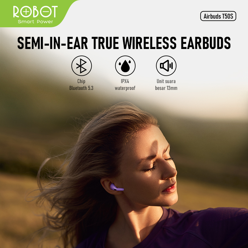 Robot TWS Wireless Earphone Airbuds New T50S Original BT 5.3 True Wireless Headset Bluetooth Earbuds IPX4 WaterProof - Garansi 1 Tahun