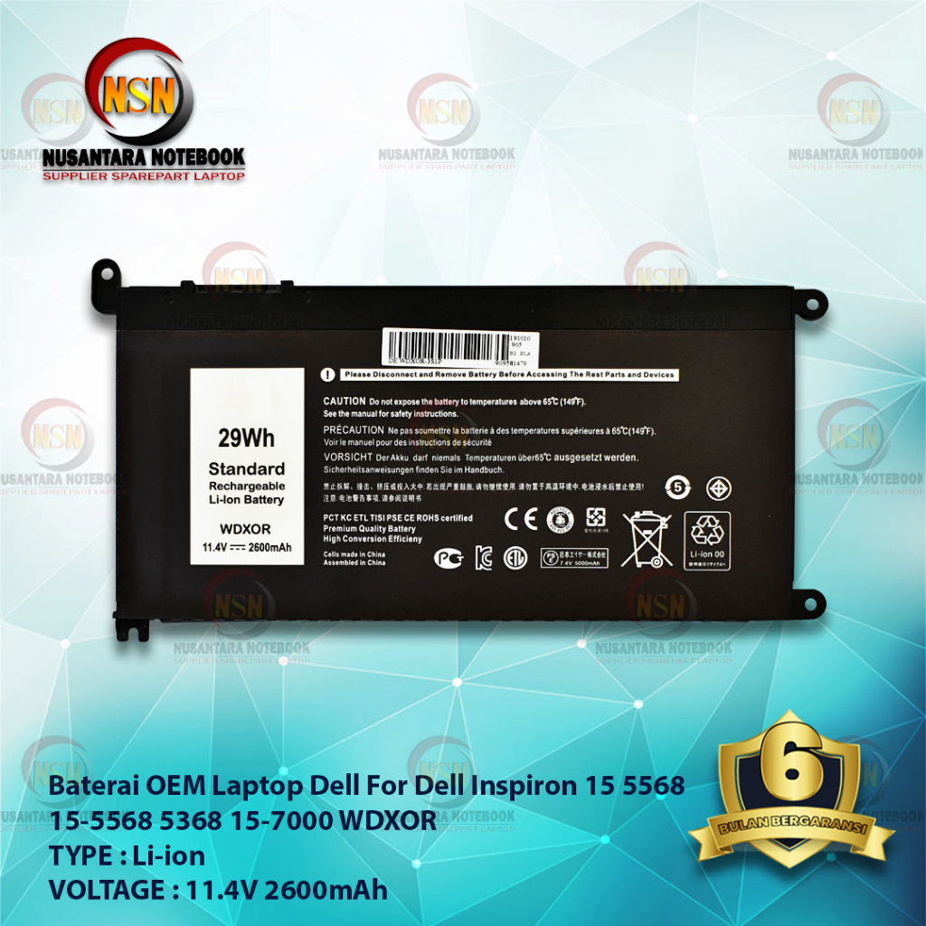 Baterai Dell OEM Inspiron WDXOR WDX0R 15 5568 15-5568 13-368 5368 11.4V 2600mAh