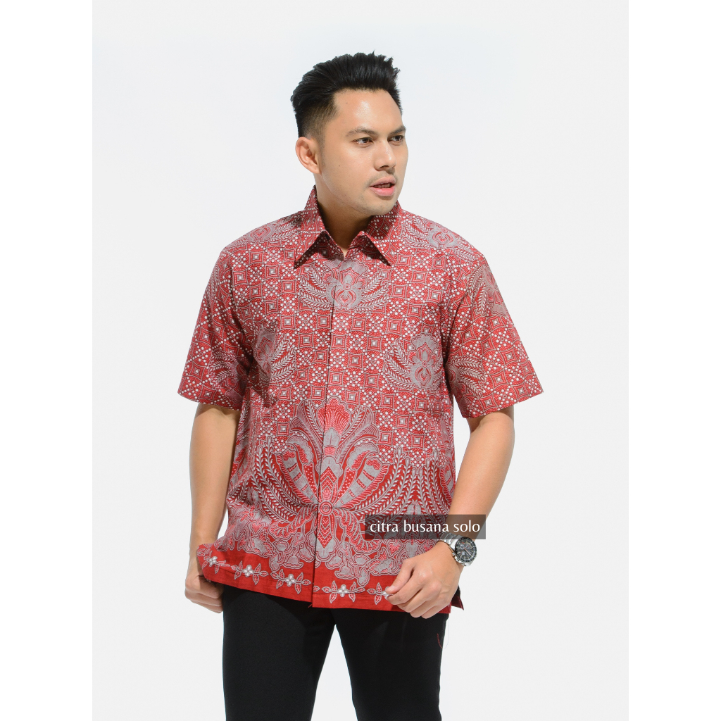 CAKAR PARI MERAH PENDEK Kemeja Batik Pria Full Furing Bahan Katun Primisima