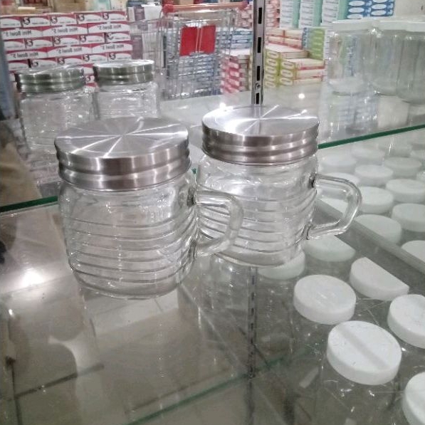 Gelas Mug Jar dengan Tutup 300ml 2Pcs / Gelas Kaca Tutup Stainless / Gelas Warkop / Cangkir Kopi / G