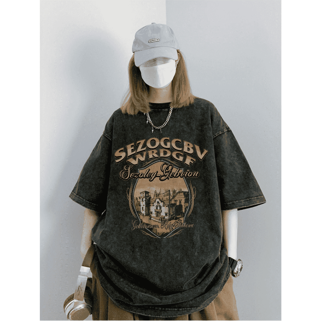 XIAOZHAINV Korean Style Retro House Pattern Washed Printing Kaos Wanita A0713/Atasan Wanita Terbaru