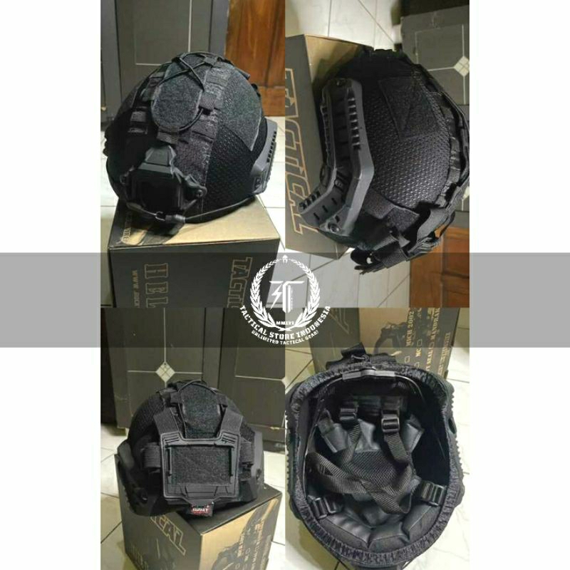 Helm Tactical + Cover Mich Warna Hitam Versi Kuping Pendek Bahan ABS