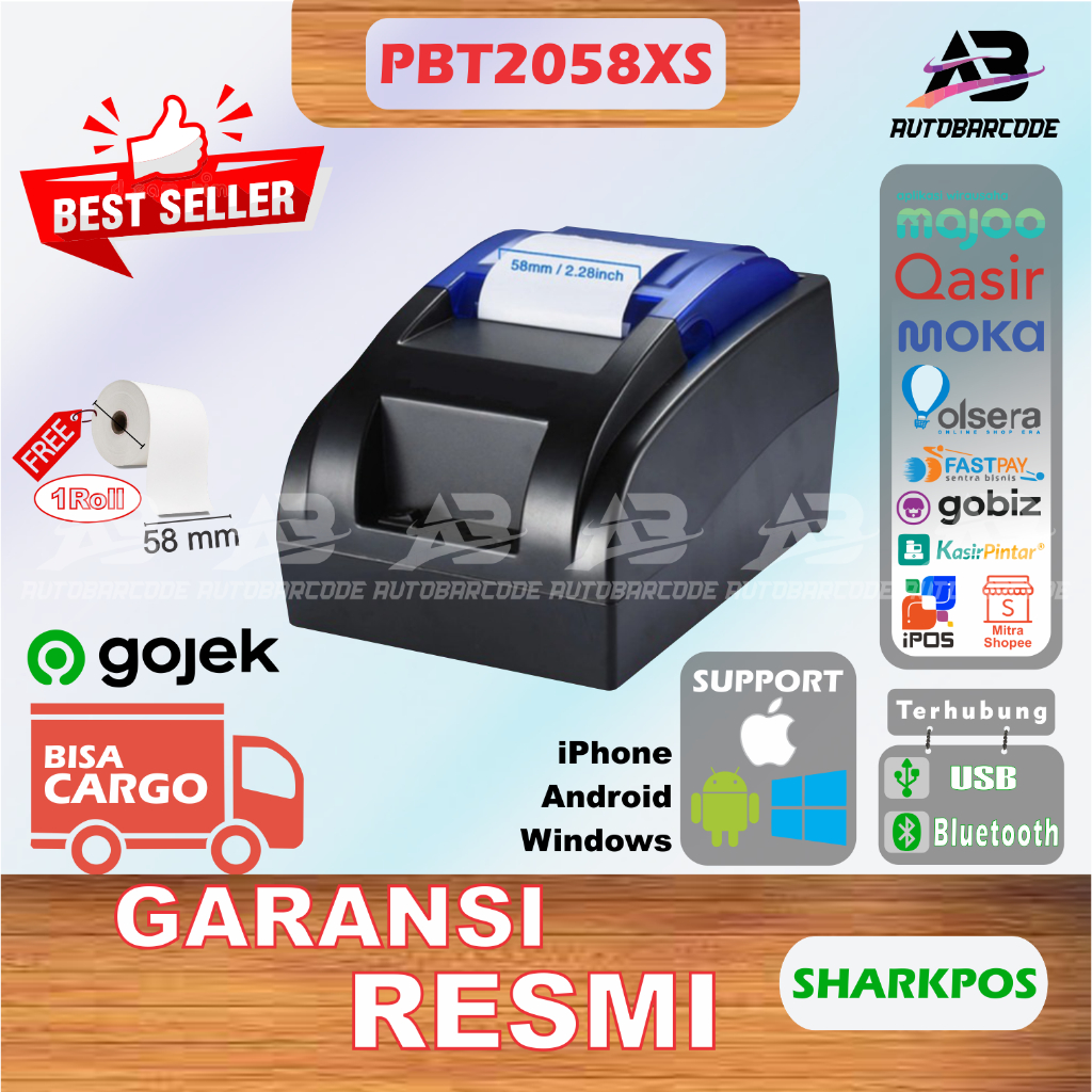 PRINTER BLUETOOTH MINI 58 SHARKPOS PBT2058 XS KASIR / PPOB POS THERMAL 58MM USB TM-58D / DT-58D SUPPORT RJ11