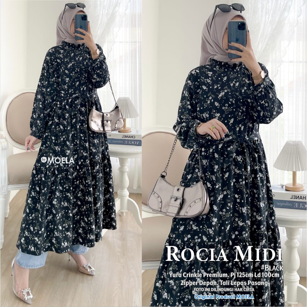 Rocia Midi Ori Moela Berlabel Dress Motif Bunga Bahan Crinkle Premium