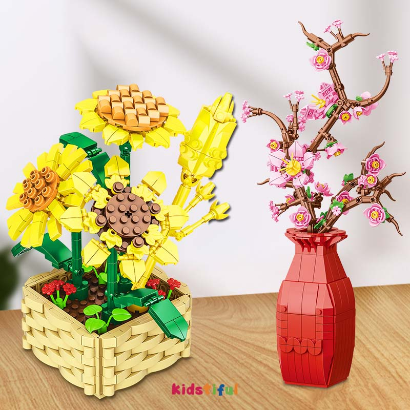 Bunga Bonsai Blok Bangunan Bunga Matahari / Bunga Sakura Ornamen Pot Bunga DIY Dekorasi Meja Bunga Kreatif