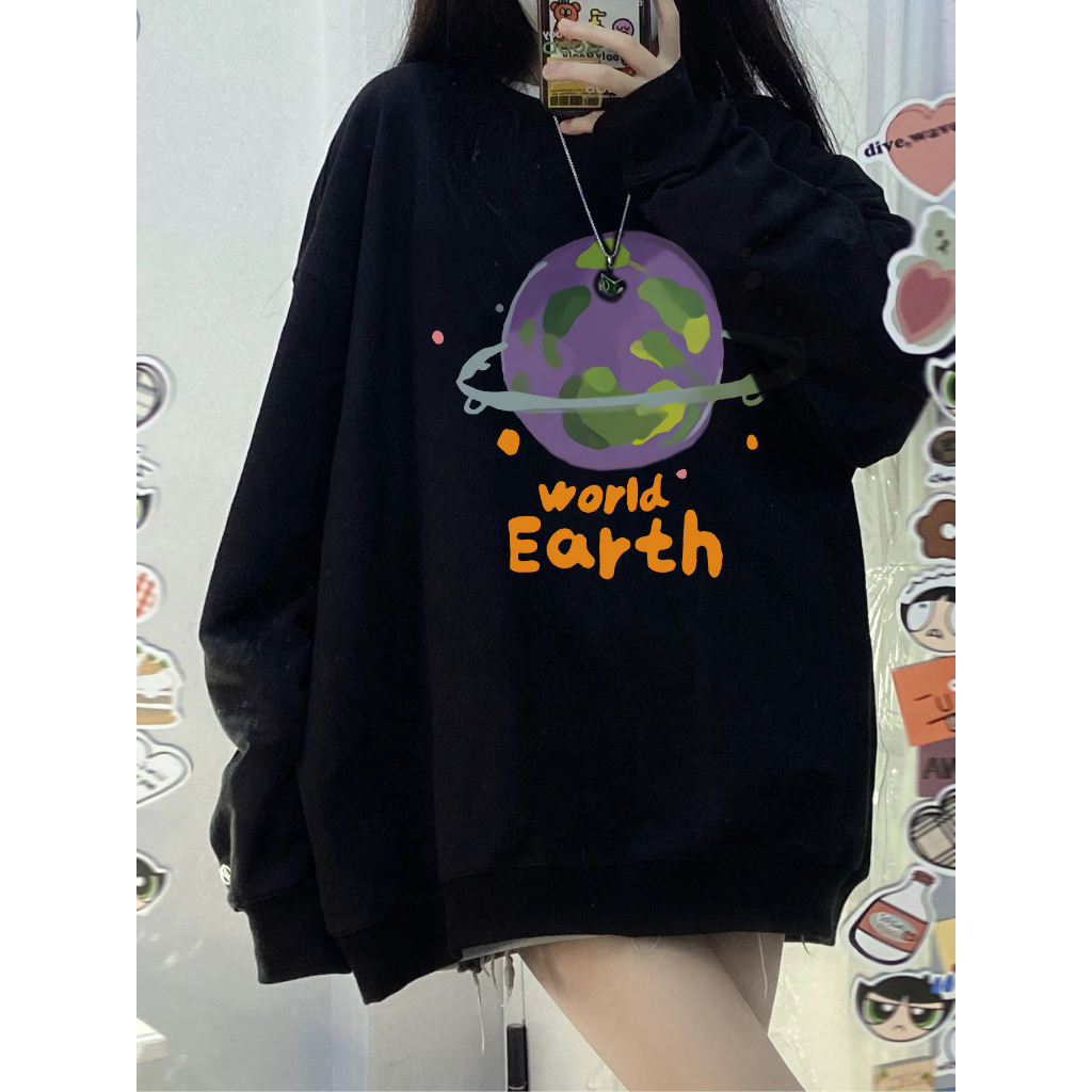 EUNII Sweater Lengan Panjang Cartoon Earth World Printing Korean Style/Sweater Crop/Baju Wanita/Switer Wanita/Switer