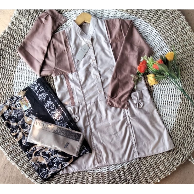 set tunik santri (sarung aqil - tunik toyobo - jilbab ) - paket hemat setelan tunik santri putri