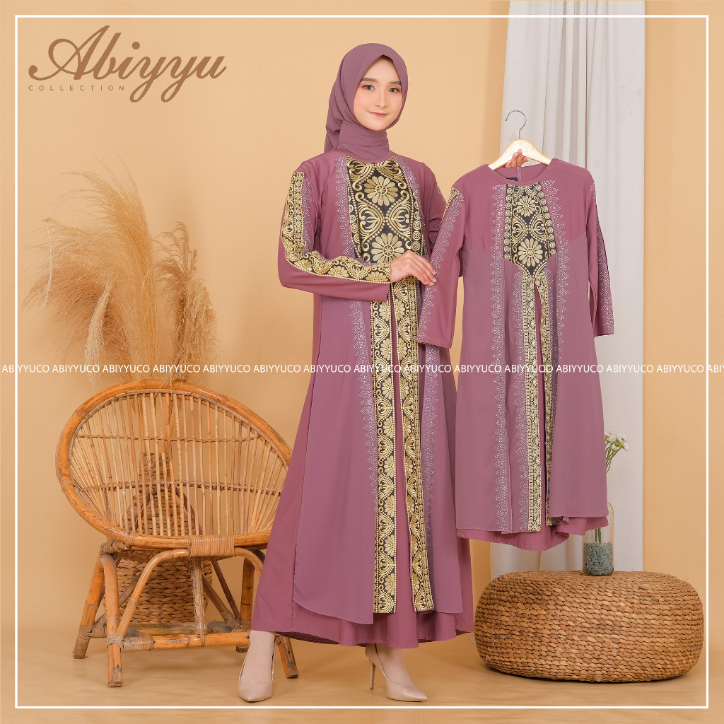 Abiyyuco GL1015V2 | Gamis Abaya Turki Couple Ibu Anak umur 4 sampai 13 tahun Ready Turkey Jumbo LD 125 Putih, Sage, Lavender