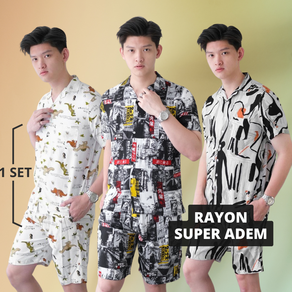 Baju Tidur Pria Dewasa Lengan Pendek Setelan Piyama Pria Rayon Motif Printing