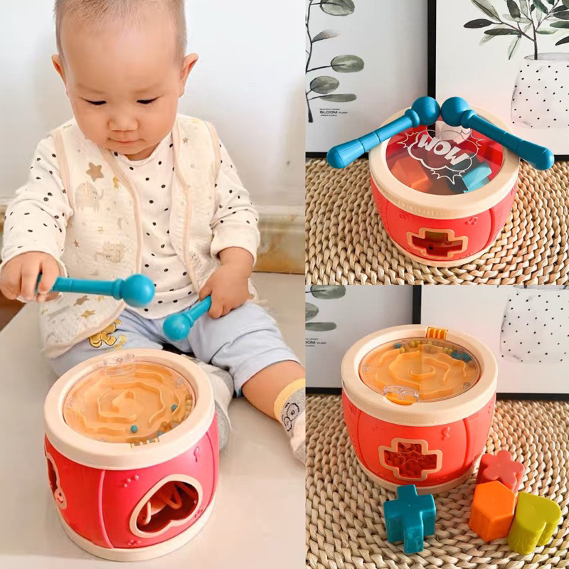baby drum toys 3 in 1 sensory toys shape sorter drum mazes mainan sensori anak montessori