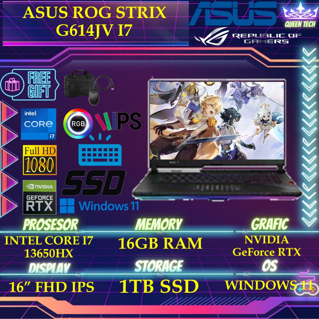 ASUS ROG STRIX G614JV I746J7GO - RTX4060 8GB I7 13650HX 16GB 1TBSSD WINDOWS 11+OHS 16.0 INCHI FHD 165HZ PKRGB MOS PERFECT GRY