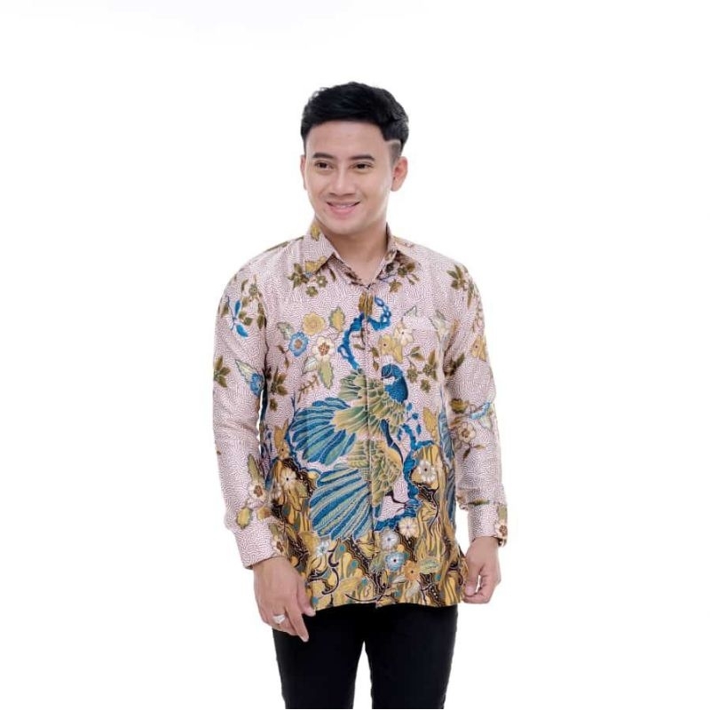 KEMEJA BATIK SEMI SUTRA SILKY PREMIUM BERFURING LENGAN PANJANG  CLASIK SUTRA XXL  FASHION BATIK PRIA