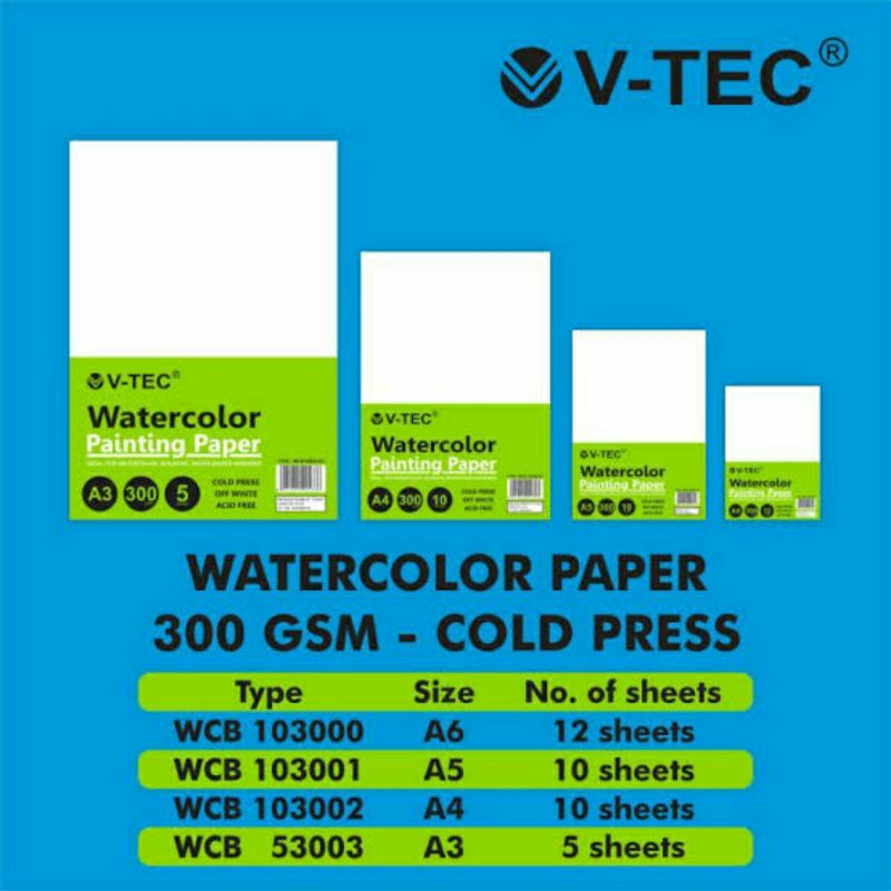 

WATERCOLOR PAINTING PAPER A4 V-TEC 300 GSM 10 LEMBAR