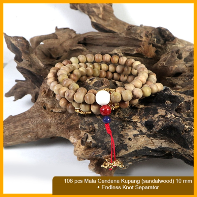 Tasbih Mala Buddha 108 Kayu Cendana Kupang (Sandalwood) + Endless Knot Separator