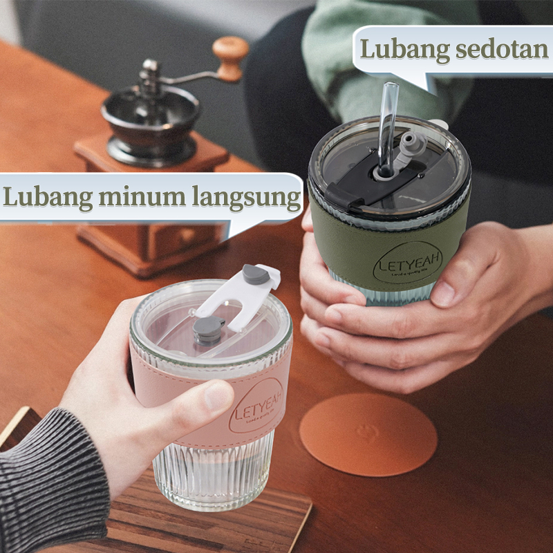 Letyeah &amp; Kaizenliving Tumbler Kaca Aesthetic Dengan Sedotan Botol Minum Kopi Mug Coffee Cup Milk Gelas