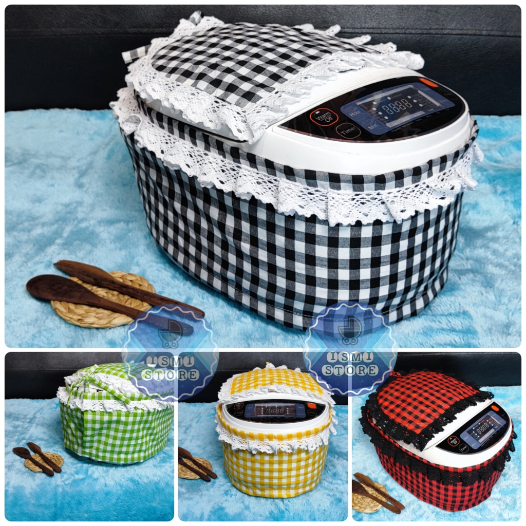 Sarung MAGICOM DIGITAL Oval/Bulat Estetik Rice Cooker Digital Kekinian Motif Kotak Gingham Aksen Renda Rajut dengan Tutup Atas Unik Lucu by Ismi Store