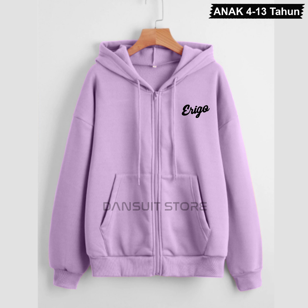 Hoodie Zipper Resleting Anak Laki-laki/Perempuan Usia 4-13 Tahun Motif Sablon ERIGO Bahan Tebal Premium