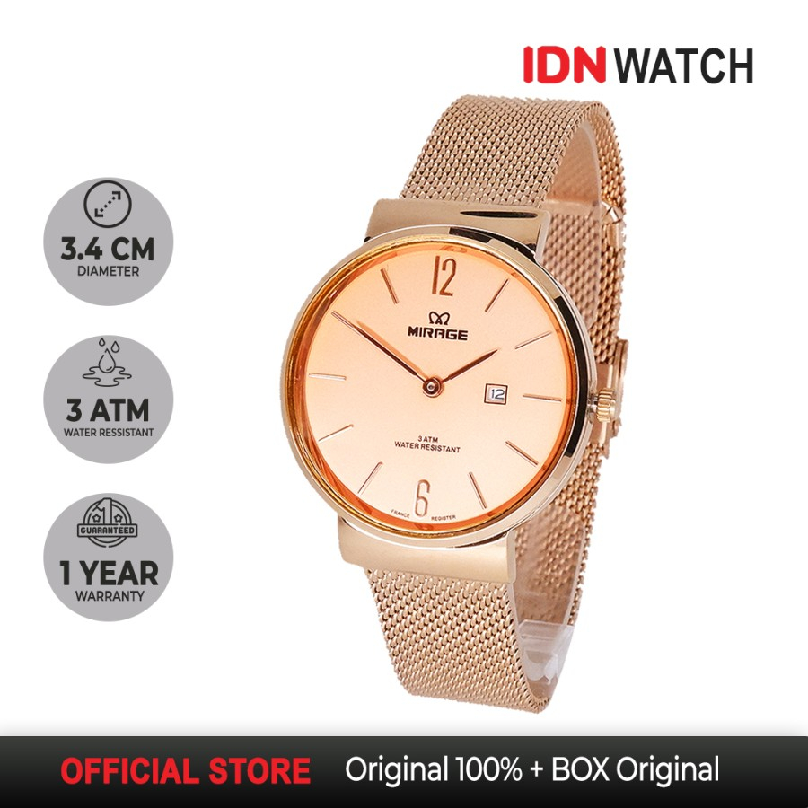 Jam Tangan Mirage Wanita Analog Rantai Pasir Full Rosegold Original 8624L Garansi 1 Tahun