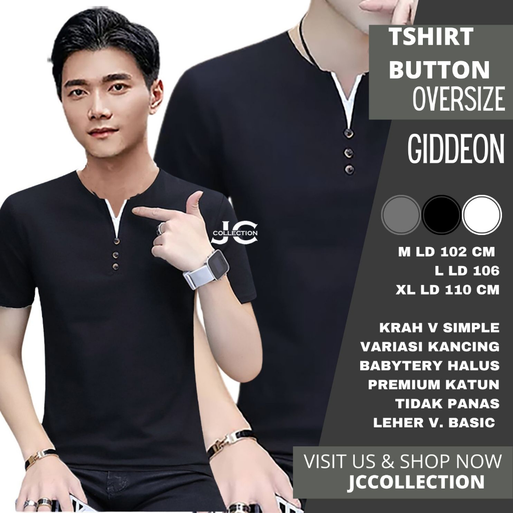 Tshirt Pria Oversize Kaos Lengan pendek Pria Gaya Korea variasi kancing Giddeon - JCCollections