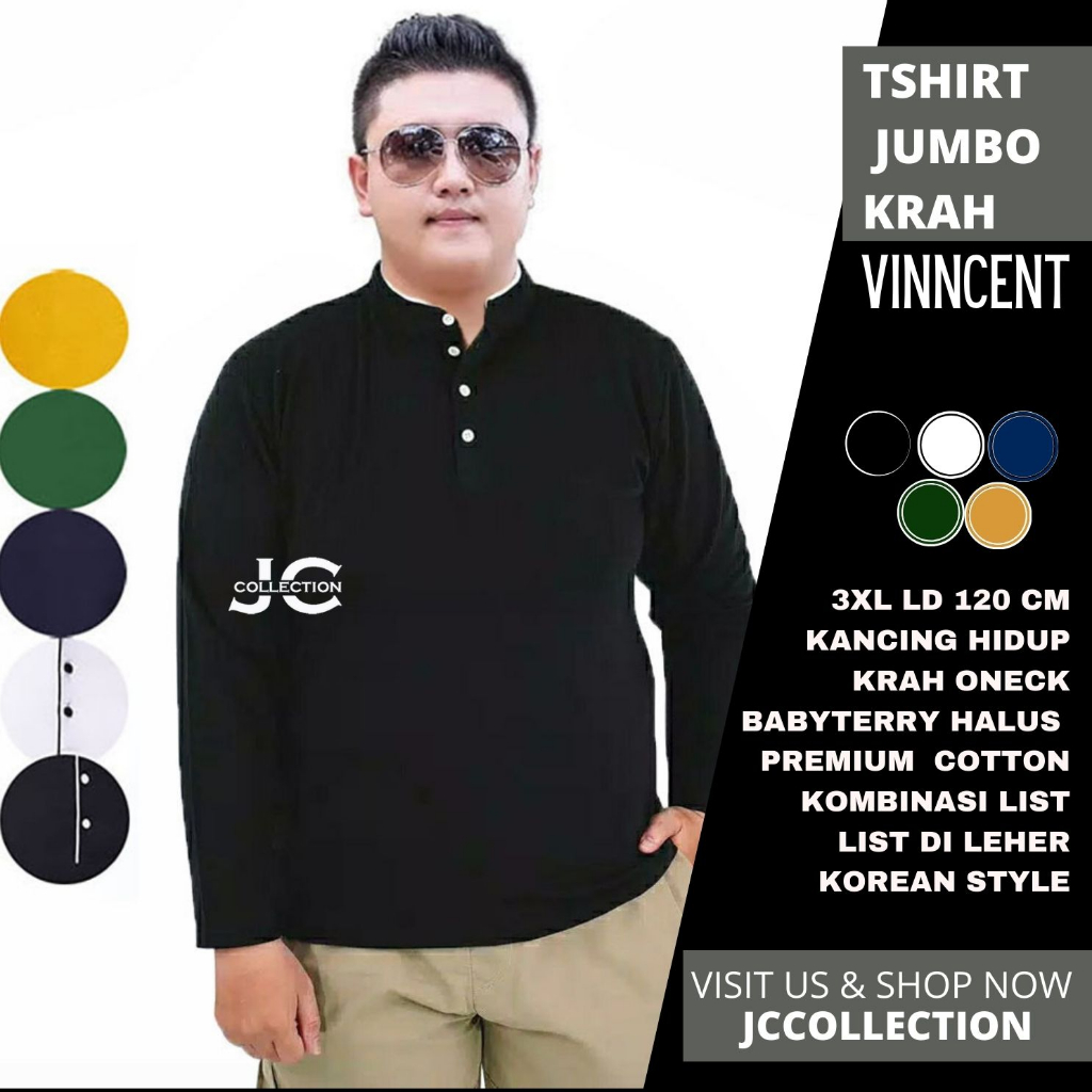 Tshirt Kaos Pria Jumbo 3XL / Kaos Lengan Panjang Pria Variasi Kancing Fincent / Kaos Jumbo Cowok 3XL - JCCollection