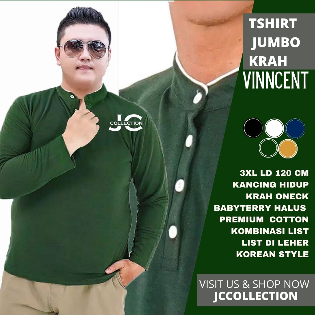 Tshirt Kaos Pria Jumbo 3XL / Kaos Lengan Panjang Pria Variasi Kancing Fincent / Kaos Jumbo Cowok 3XL - JCCollection