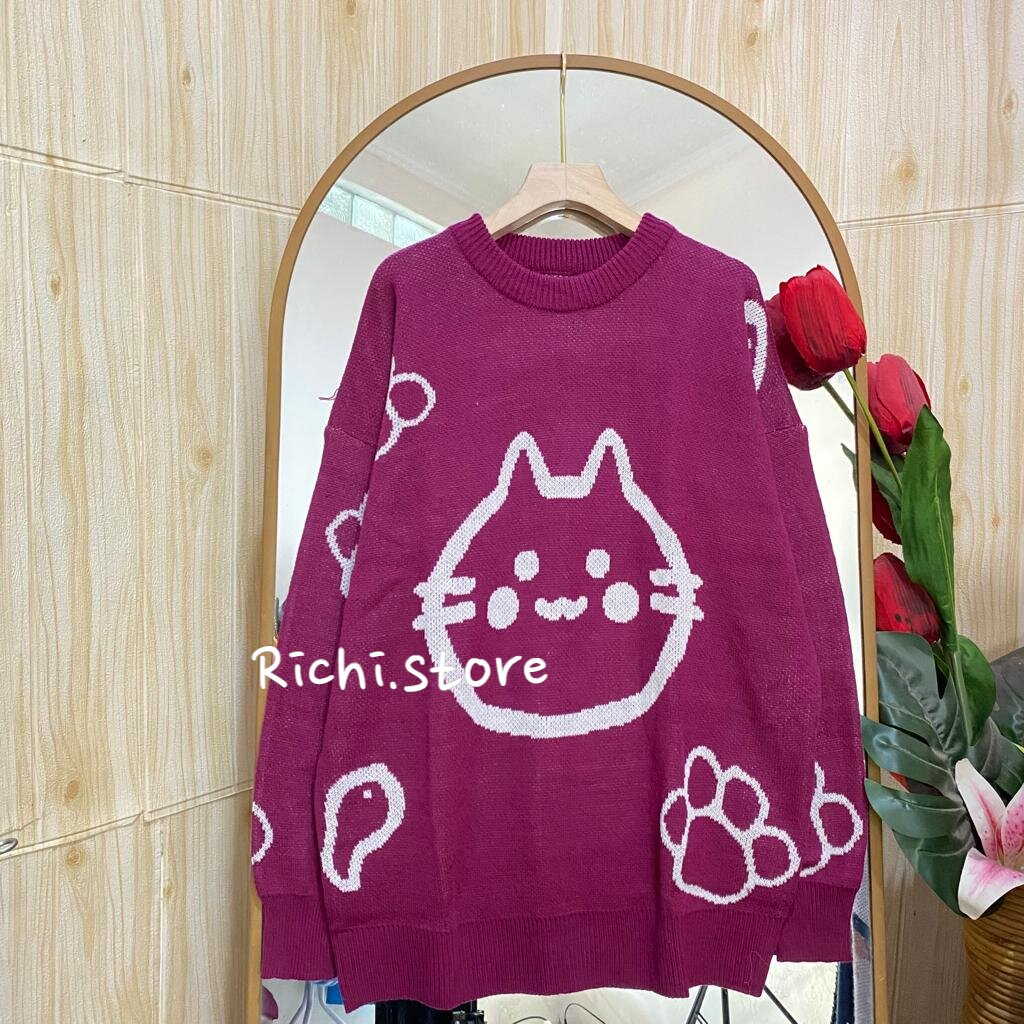 Caitlin oversize sweater rajut korean style motif kucing