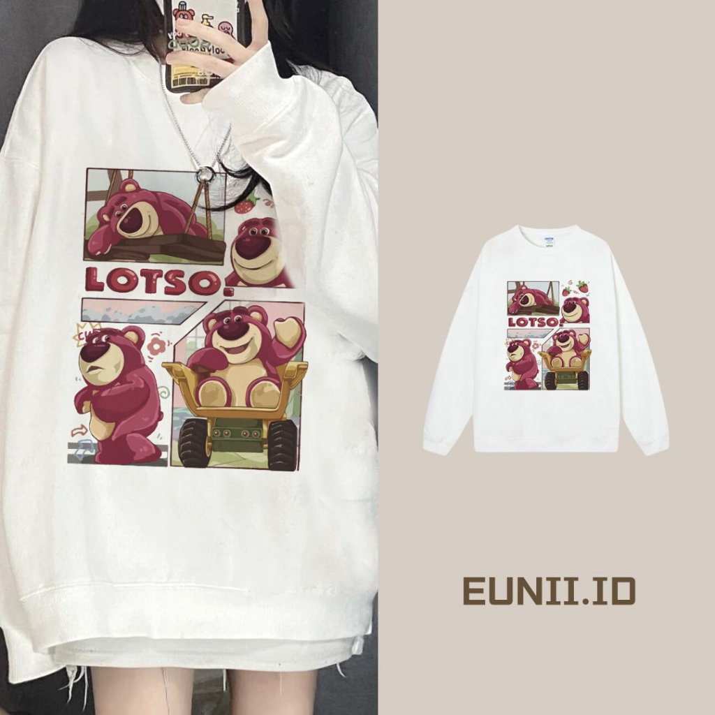 EUNII Sweater Lengan Panjang Cartoon Strawberry Bear Printing Korean Style/Sweater Crop/Baju Wanita/Switer Wanita/Switer