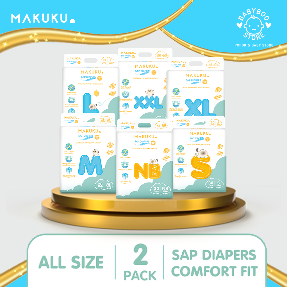 MAKUKU SAP Diapers Comfort  Fit  NB/S/M/L/XL/XXL  x 2 Pack type Pants/Tape