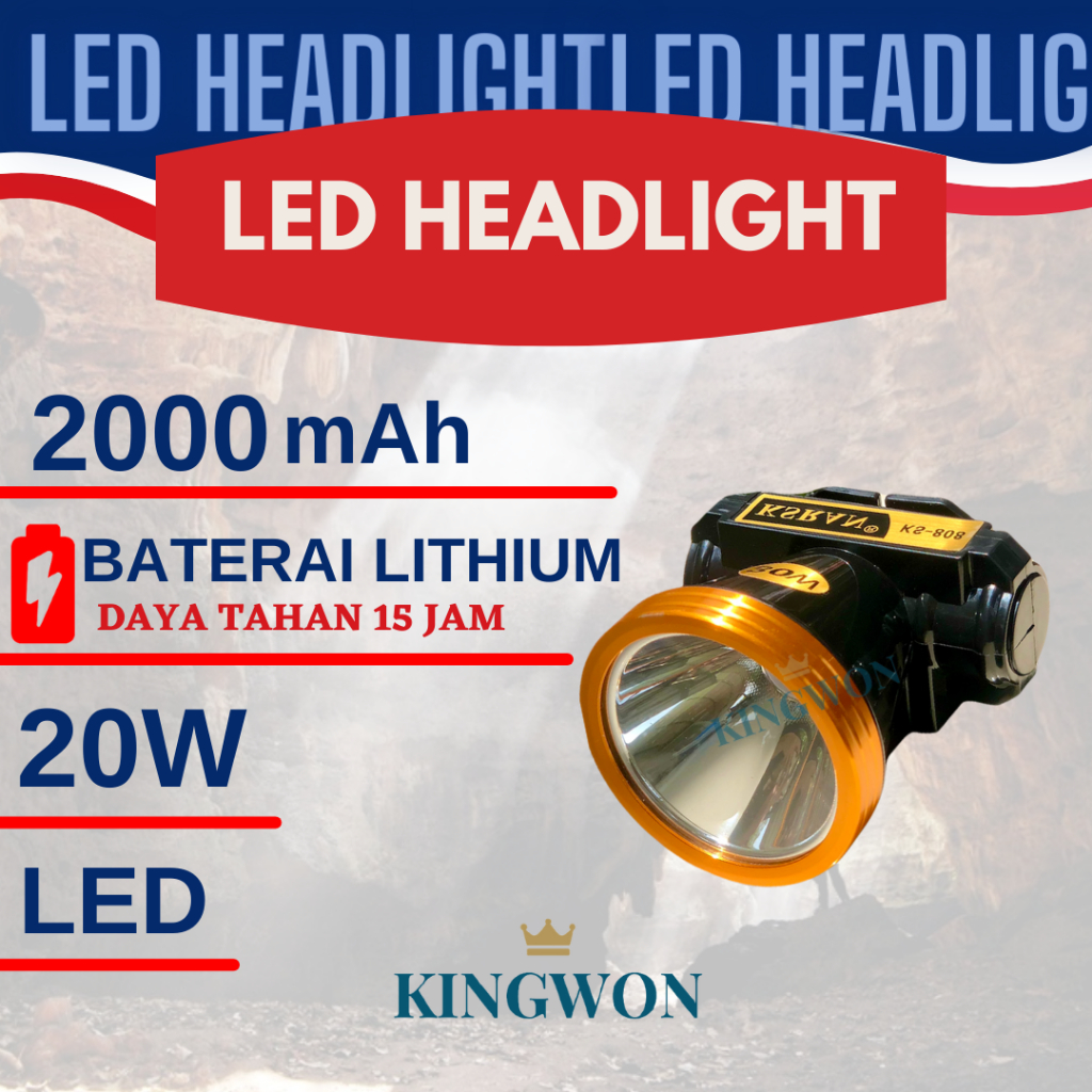 SENTER KEPALA 20 WATT HEADLAMP LAMPU TERANG CAHAYA PUTIH BISA CHARGE