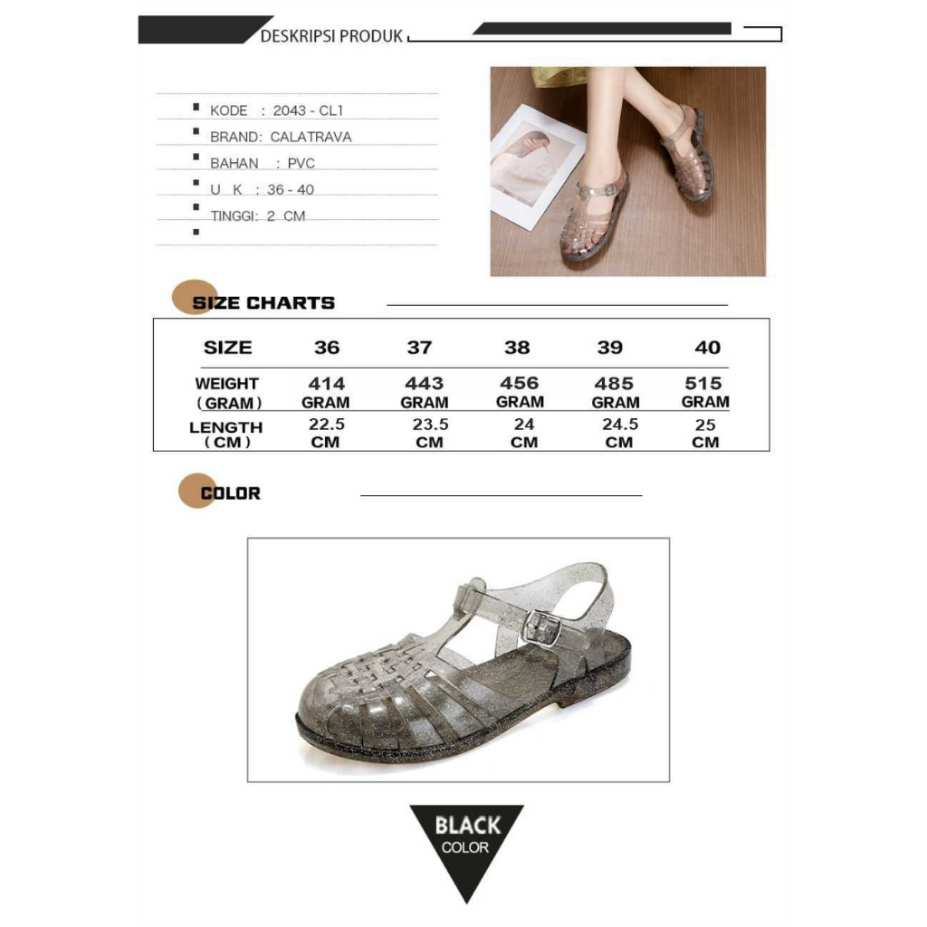 Sepatu Sandal Wanita Flat Calatrava | Sepatu Wanita Jelly Calatrava | Sandal Gladiator Glitter | 2043-CL1