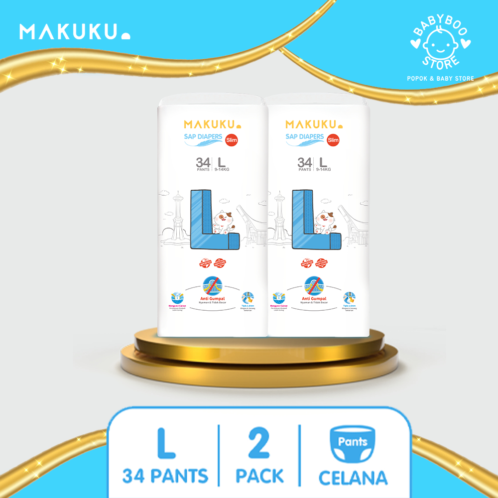 MAKUKU SAP Diapers Slim Pants L34 x 2 Pack Popok Bayi Celana Tipis Anti Gumpal Cepat Kering dan Mencegah Ruam