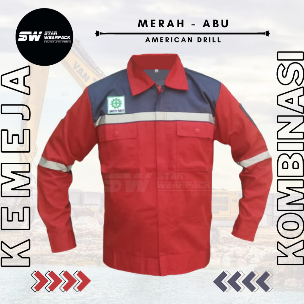 Star Wearpack - Baju Wearpack Seragam Kerja Model Resleting Warna Merah Kombinasi Abu