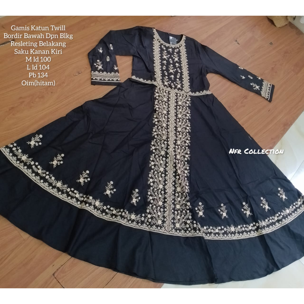 gamis katun twill polos bordir mayung marsya M ld 100 L ld 104 XL ld 110 pb 134
