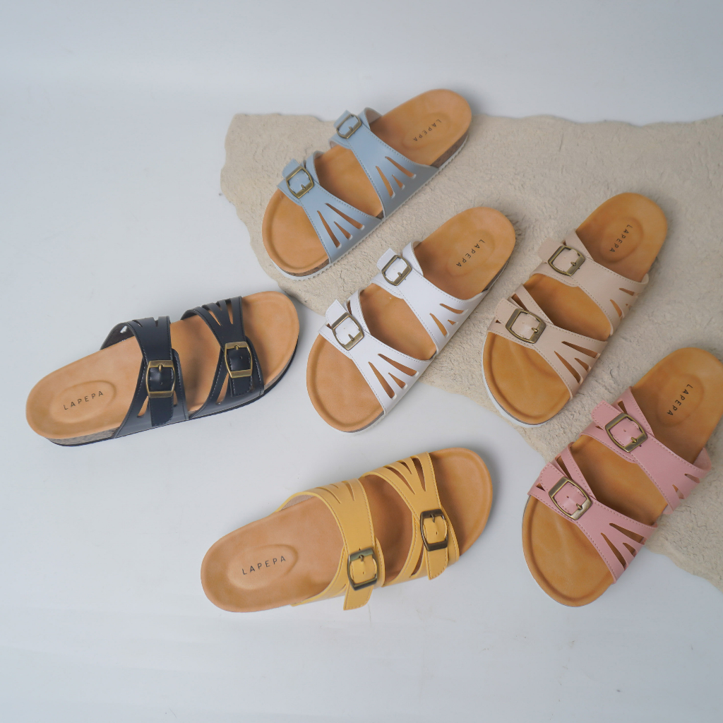 Adarastore - Lapepa ANDREA Sandal Wanita Casual Sendal Slop Kulit Sol Puyuh Model Birken Ban Dua Kekinian