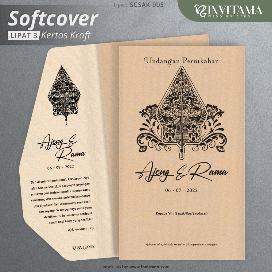 Undangan Pernikahan Softcover Lipat 3 Kraft Rustik Unik WAYANG Klasik INVITAMA - SCSAK 005
