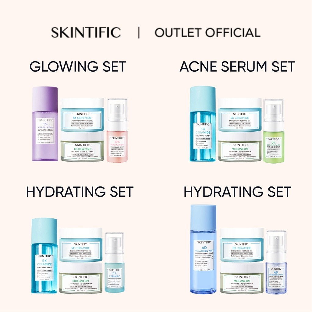 【OUTLETS】SKINTIFIC 4pcs Glowing Set &amp; Anti Acne Set- Moisturizer Gel + Mugwort Acne Clay Mask : Aha Bha Pha Exfoliating Toner + Brightening Serum &amp; Soothing Toner + Anti Acne Serum + Hydrating Serum