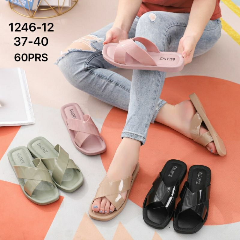 1246-W6 Original Sandal Balance Karet Motif Silang Renda Manik Selop Wanita Elastis Lentur Sendal Slop Gliter Glitter Blink Jelly Flat Teplek Cewek Kokop Perempuan Import Cantik Mewah Murah Kekinian Korean Impor BLC 1246-12 1246 Empuk Sol Anti Slip Air