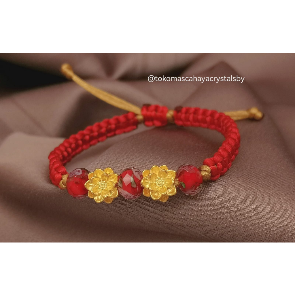 Gelang Charm 2 Teratai / Lotus Besar emas kadar 24k HK Hongkong 999% 999 &amp; Gelang Batu Variasi Serut