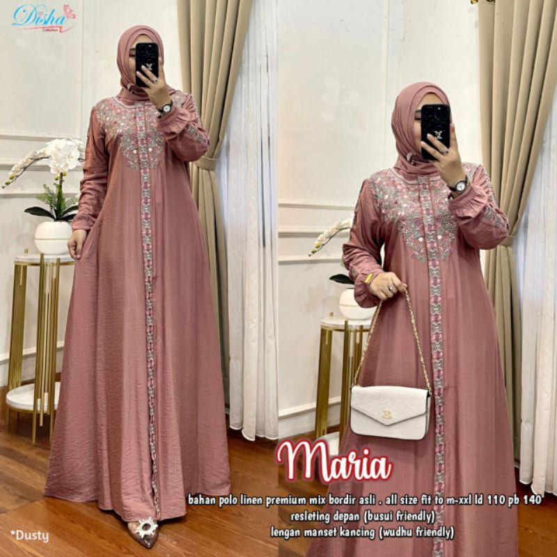 maria bordir gamis wanita polo linen premium ori athaya outf