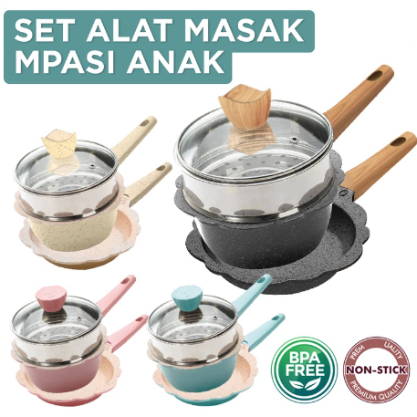 Panci Mpasi Bayi  Set 4Pc Sakura Flower Cookware set Peralatan dapur Mpasi Anak Baby Pan Health Food Grade AMAN UNTUK MPASI BALITA