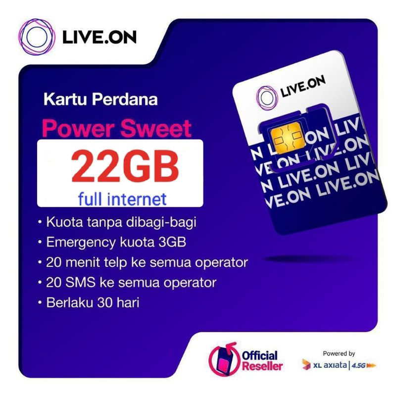 Kartu perdana XL live.ON 22GB/Bisa Request Langsung Pake