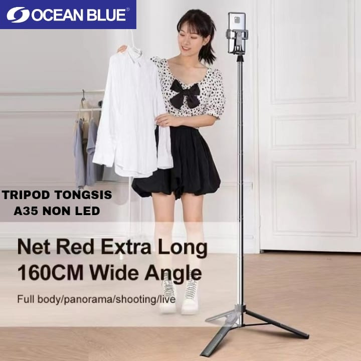 Ocean Blue OCN A35 Tripod Tongsis Black Remote Bluetooth Shutter Adjustable 160 cm Selfie Stick 360° Stand HP Tongkat Selfie