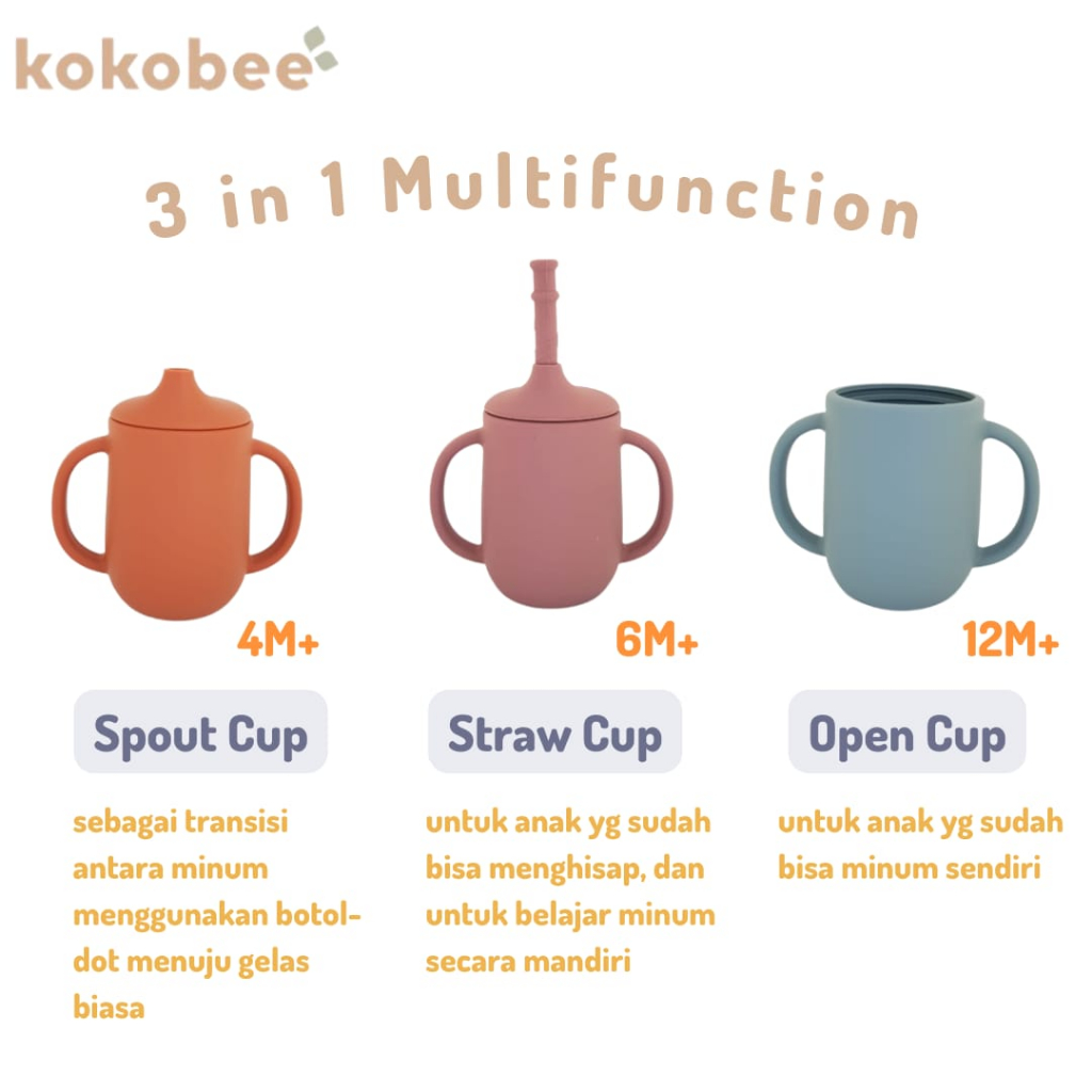 KOKOBEE - Premium SIlicone Training Bottle (Sedotan+Sikat Sedotan+Penutup Gelas) mudah digenggam /Botol Minum Bayi anak /gelas gagang /anti pecah/ anti tumpah /tidak berbau / gelas bayi lucu / pastel /spout cup /training cup/ gelas bayi / coconi / grosir