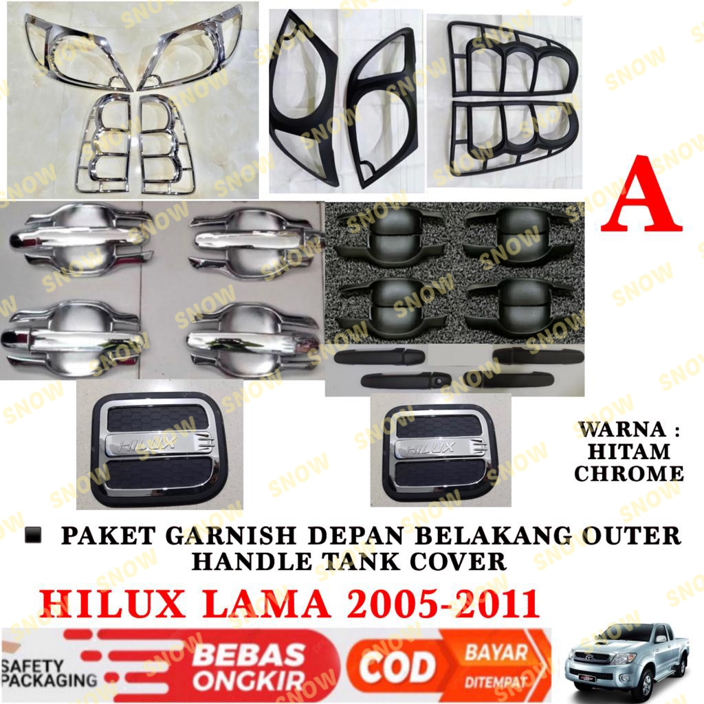 Paket Garnish Lampu Depan Belakang Outer Handle Tank Cover Hilux Lama 2005 2010 2011 Hitam Chrome