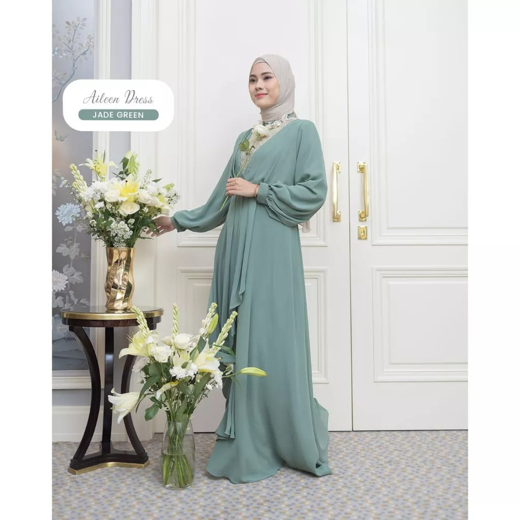 Gamis alien dress bahan ceruty baby doll premium full furing / busui / resleting depan original