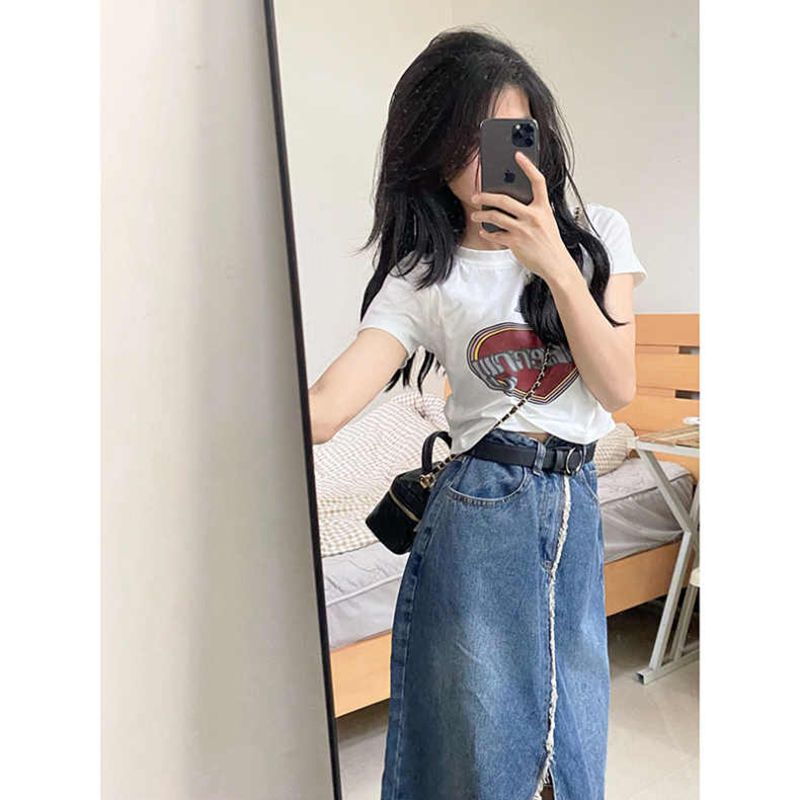 Rok denim split gaya Korea rok a-line wanita berpinggang tinggi sedang untuk menutupi rok pinggul selangkangan