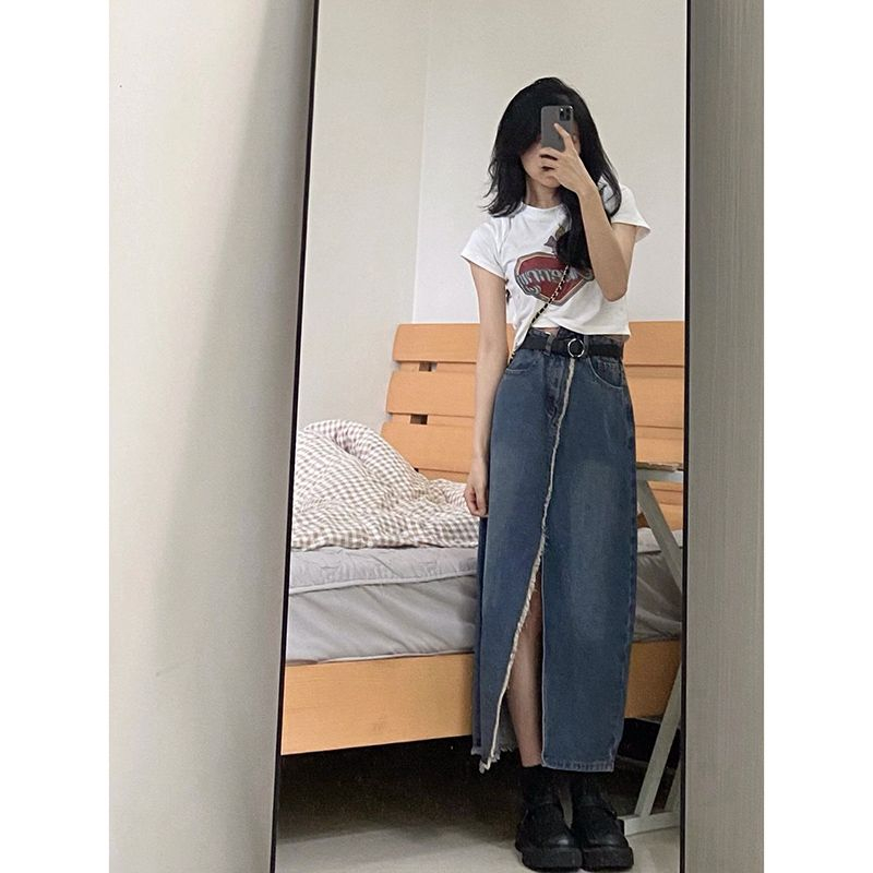 Rok denim split gaya Korea rok a-line wanita berpinggang tinggi sedang untuk menutupi rok pinggul selangkangan