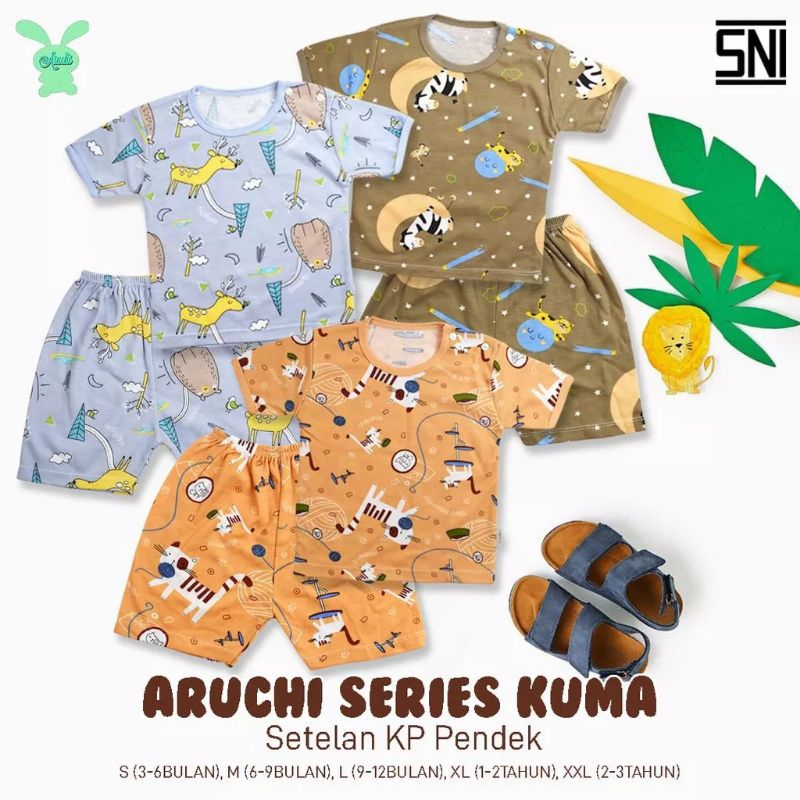 paket 3pc- setelan Aruchi pendek motif cheetah,kuma,Hippo,Tiger / setelan pendek bayi aruchi baby