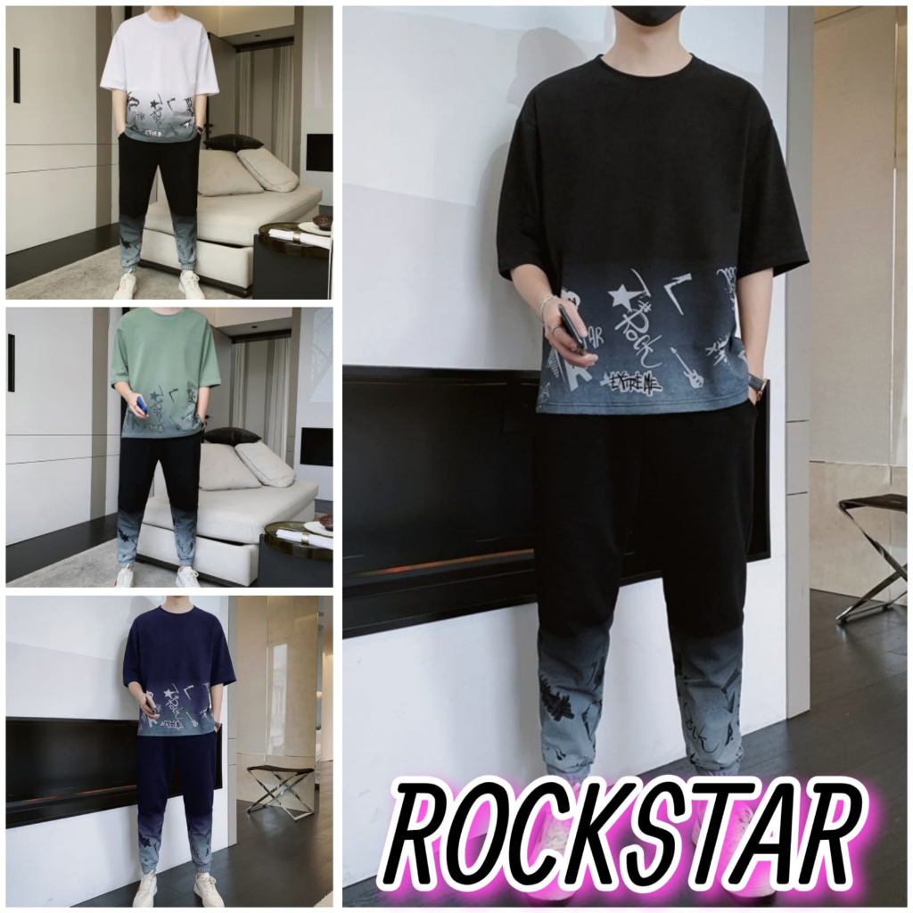 Setelan Cowok Trendy Casual Set Atasan Oversize dan Celana Panjang RockStar | RTKUH | Rocket